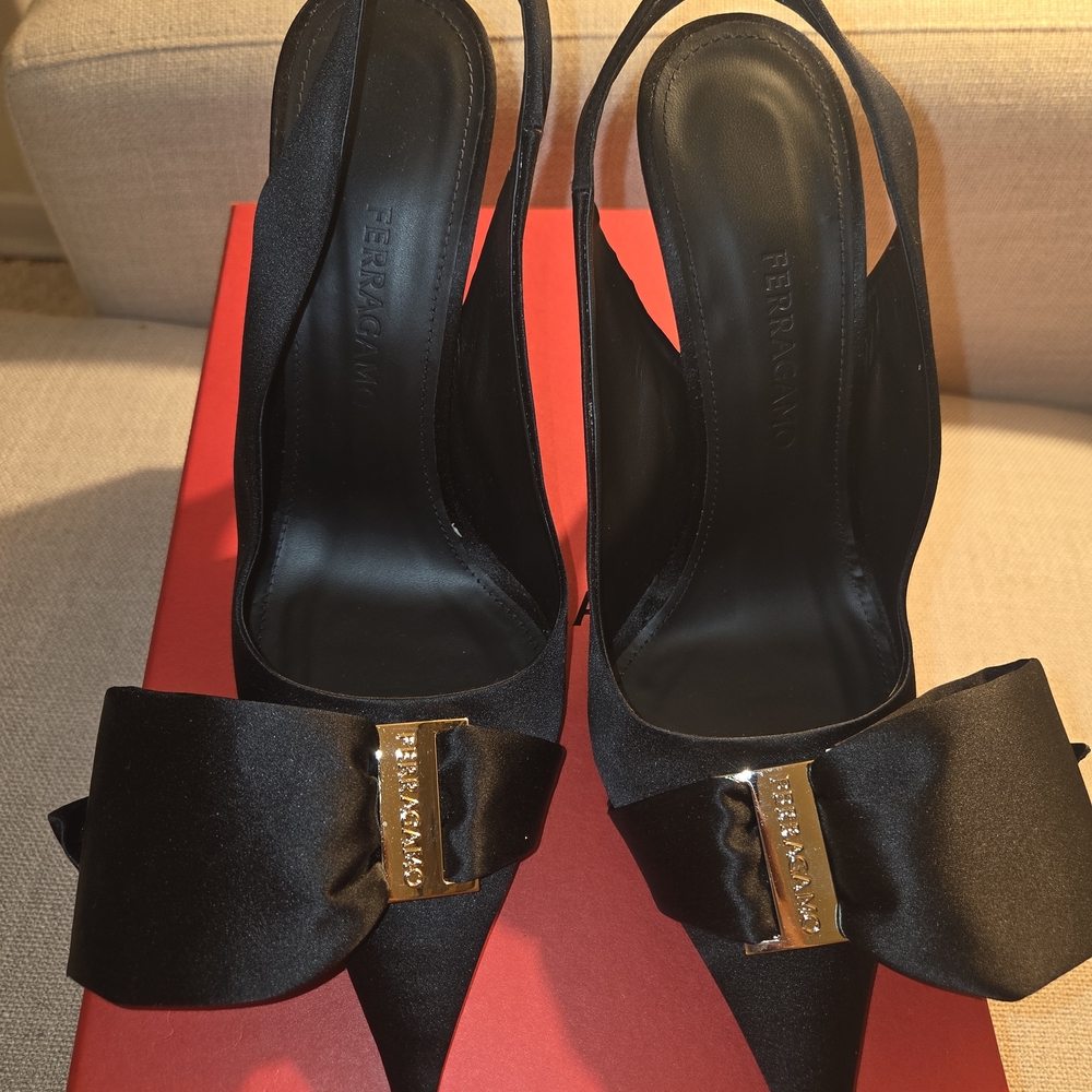 Salvatore Ferragamo Black Satin Slingback Heels